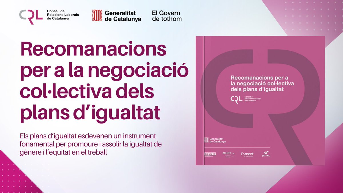 CRL_cat's tweet photo. Els plans d’igualtat a les empreses són una bona eina per a promoure la #igualtatsalarial.
Us facilitem les nostres recomanacions per a la seva negociació col·lectiva, avui el Dia Europeu de la Igualtat Salarial 👉https://t.co/myXylLhwmk
#EUEqualPayDay https://t.co/jAIHudzH5u