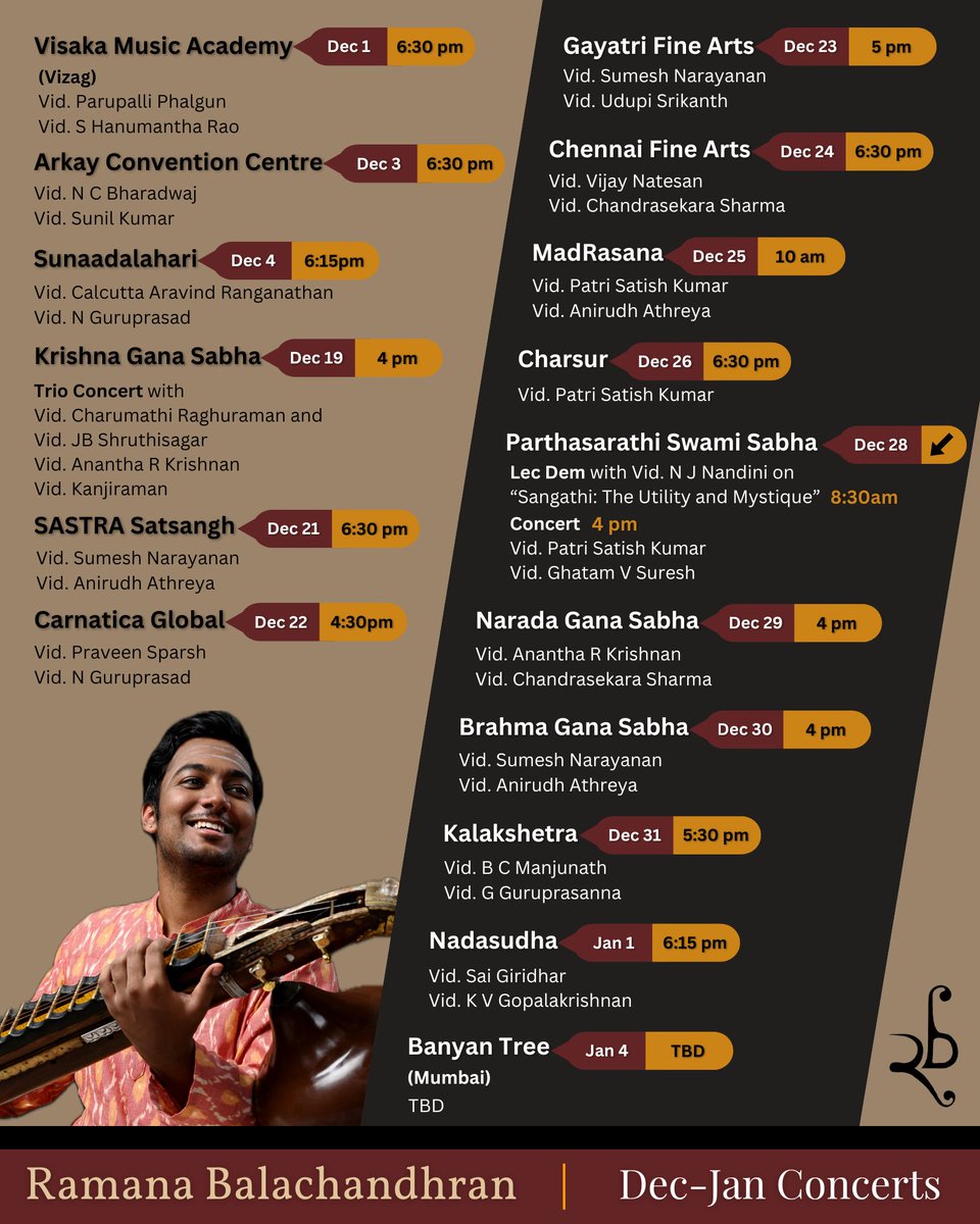 _RamanaB_'s tweet photo. Looking forward. See you all! 🙌🏾🙏🏾
#margazhi #musicseason #concertschedule #decemberseason #decembermusicseason https://t.co/59U42rHeZj