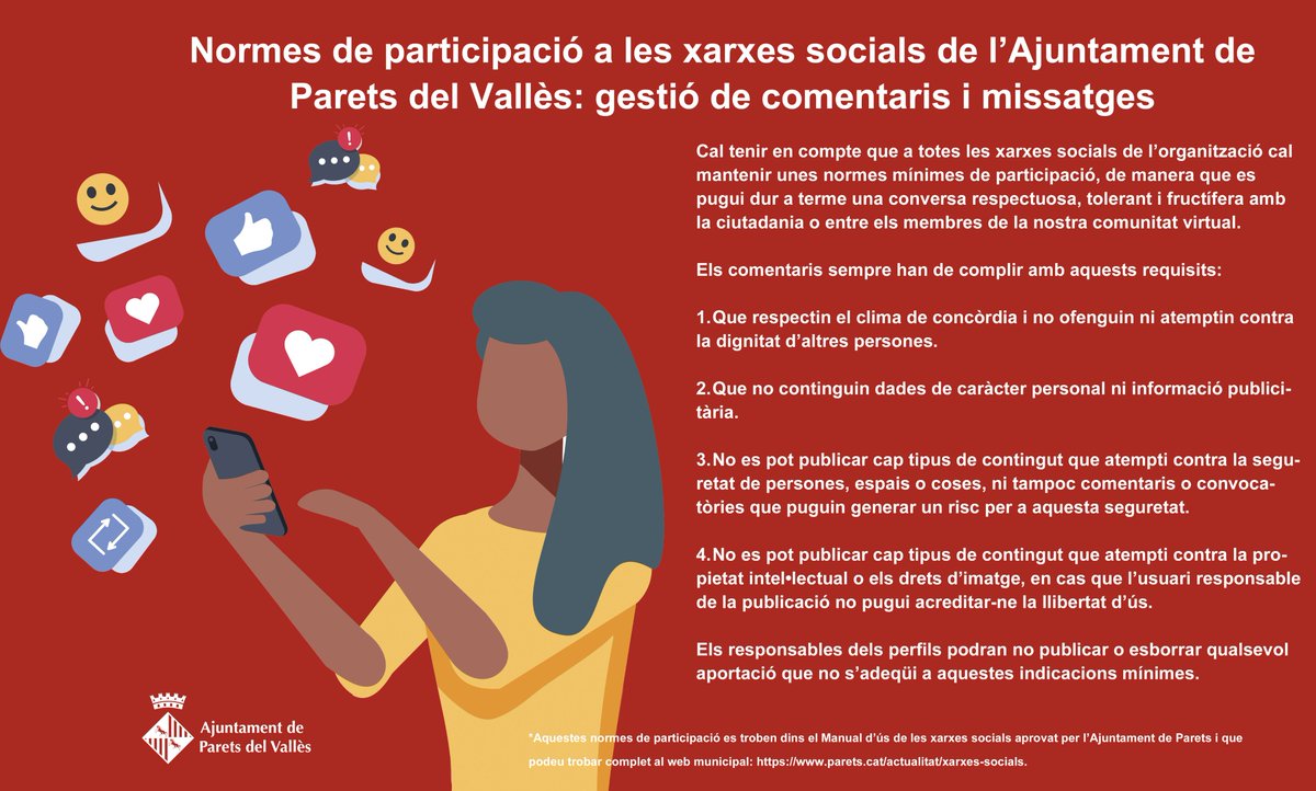ajparets's tweet image. 📲 Recordem les normes de participació a les xarxes socials de l’Ajuntament de Parets del Vallès: gestió de comentaris i missatges.
📰 Aquestes normes de participació es troben dins el Manual d’ús de les xarxes socials aprovat per l’Ajuntament de Parets: parets.cat/actualitat/xar….