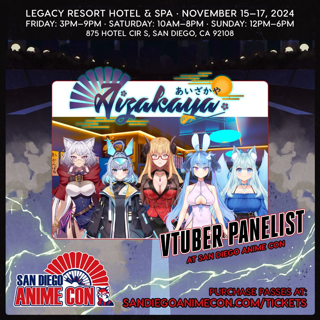 Closing out SDAC 2024 is @aizakayaVT ( <a href="/aiamaiami/">Amaiami ❄️</a>, <a href="/emucchi_/">emu🐰✨</a> , <a href="/sayusyn/">Sayu Sincro//Nisity🔩▶️DONOTHON till Sept 1st!</a> ,  @Tane_Tenshi , <a href="/YozoraCh/">Yozora - Silly Card Raccoon💫🦝</a> ) for "VTubing as an Indie: Tips, Tricks &amp; Advice by Aizakaya" on Sunday, 11/17 at 5:30 PM in Panel Room 4, Legacy Center ❤️‍🔥

Get tickets tonight ▶️buff.ly/3NnC3AL ❤️‍🔥