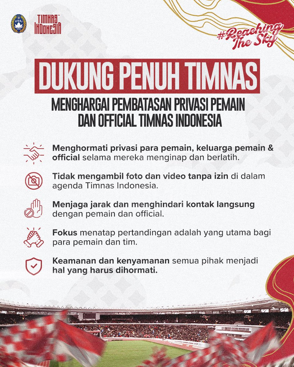 TimnasIndonesia's tweet photo. Untuk semua #GarudaFans ayo kita jaga Timnas Indonesia bersama-sama. 🤝🇮🇩

‣ #KitaGaruda https://t.co/WPdW2oDfoW