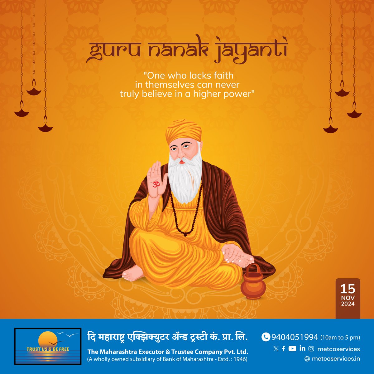 MetcoServices's tweet photo. One who lacks faith in themselves can never truly believe in a higher power.
Guru Nanak Jayanti 

#METCO #WillsAndTrusts #GuruNanakJayanti  #Gurunanak https://t.co/gn1hx0XTts