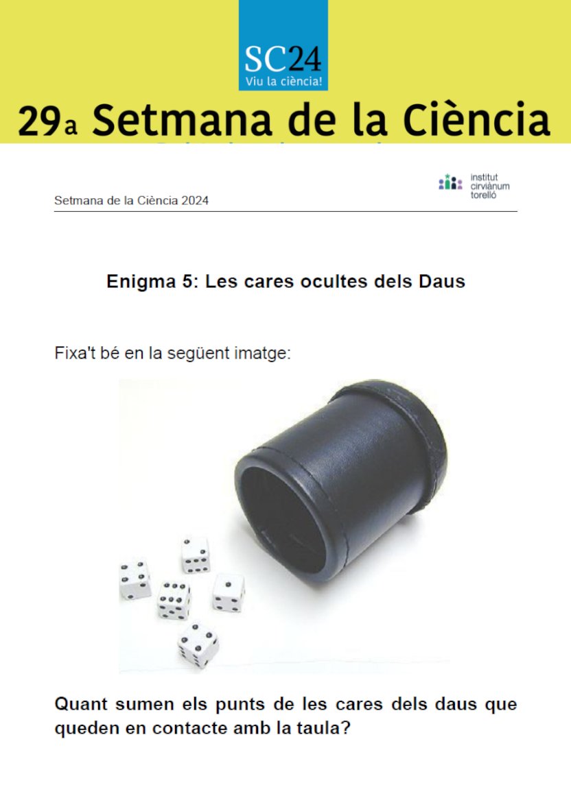 ⏩⏩Setmana de la Ciència◀️◀️

Cada dia de la setmana es proposa un enigma a resoldre, avui divendres darrer enigma.  Respostes a 
👉setmanaciencia@cirvianum.cat
👆
PARTICIPA!!! Hi haurà PREMI pel guanyador!!!

La solució del enigma d'ahir a agora.xtec.cat/iescirvianum/