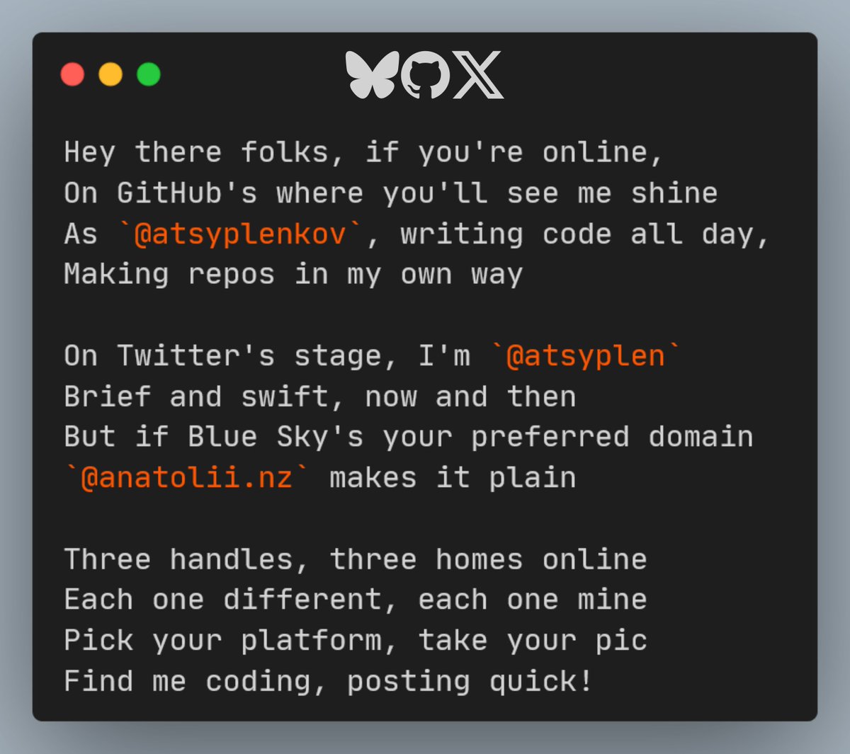 🐙 GitHub, 🐥Twitter or ☁️ BlueSky 
Here's a guide on where to say hi!