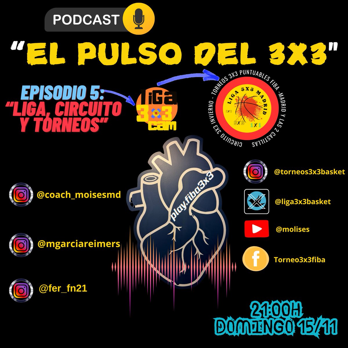 Episodio 5: "Liga, circuito y torneos" Dom 17/11 a las 21h  en Youtube, Twitch , Kick e Instagram
con <a href="/coach_moisesmd/">Moises MD</a> <a href="/fer_fn21/">Fernando Fraile</a>  y @mgarciareimers
Trataremos sobre varios temas del mundo del 3x3

#ligacircuitoytorneos #circuito3x3 #fiba3x3 #reglas3x3 #lenguaje3x3 #elpuslsodel3x3