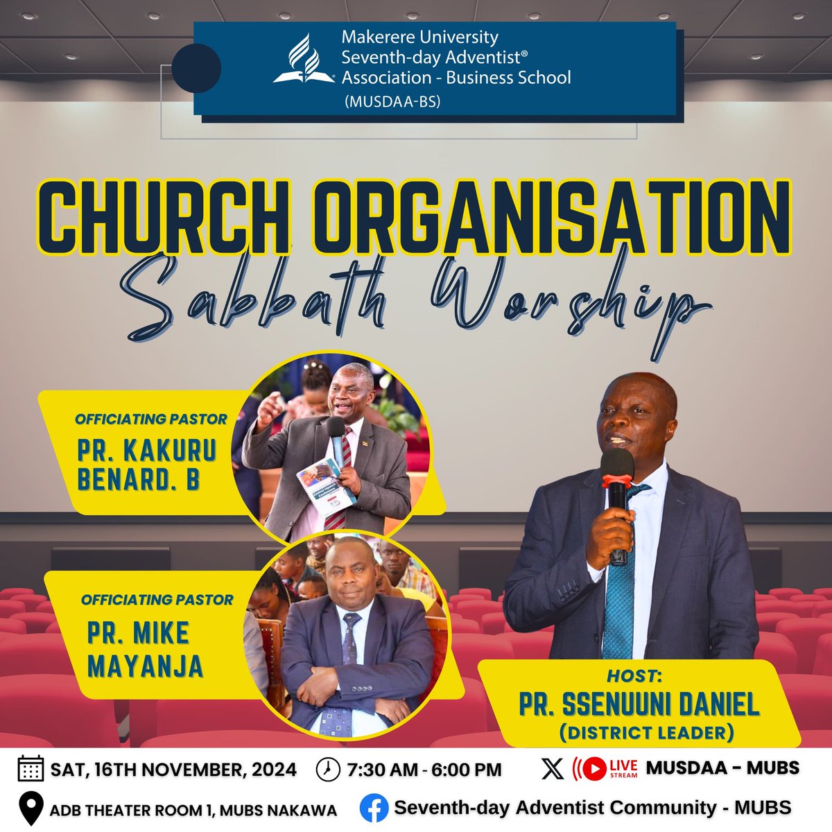 Musdaa_Mubs's tweet photo. Join us this Sabbath in the ADB Theater Room 1 at MUBS Nakawa for worship physically and on-line (YouTube) as we shall be organized as a Church Board
#HappySabbathPreparations #MissNot https://t.co/Brkwy0t1qz