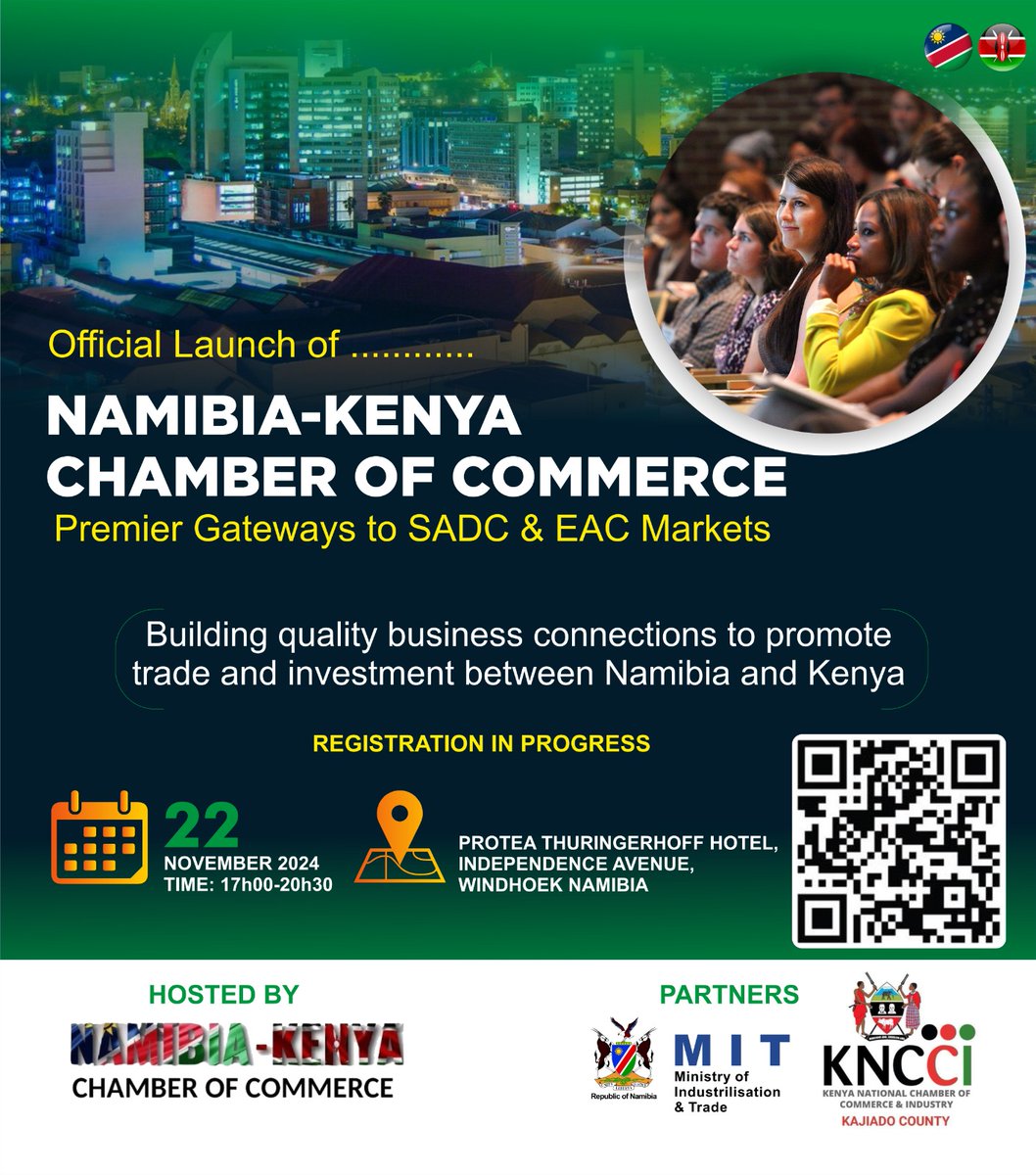 PerisGichere's tweet photo. Exciting #opportunities await African businesses at the launch of the #NamibiaKenyaChamber of Commerce on November 22nd in Windhoek! Join us to connect with Namibian leaders across key industries. https://t.co/BDgvTNLrrv