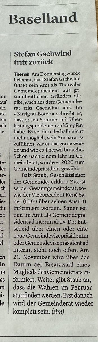Wir wünschen Gemeindepräsident Stefan Gschwind (Mitglied der Mitte und nicht der FDP) viel Kraft und alles Gute. ⁦<a href="/bzBasel/">bzBasel</a>⁩