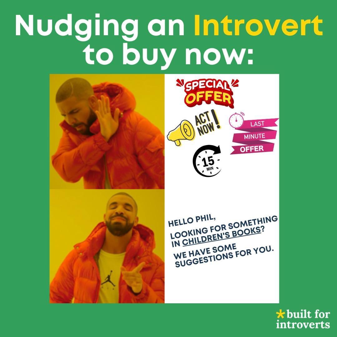 builtforintros's tweet photo. Nudging an introvert to ‘buy now’

Less of the time-pressured, neon, and dopamine-inducing woohoo buttons.

Be personal, link to our research, tap into our future joy, and make the buying step simple.

#introvert #introvertlife #introvertproblems #builtforintroverts #introvertly https://t.co/hcM8495TbM