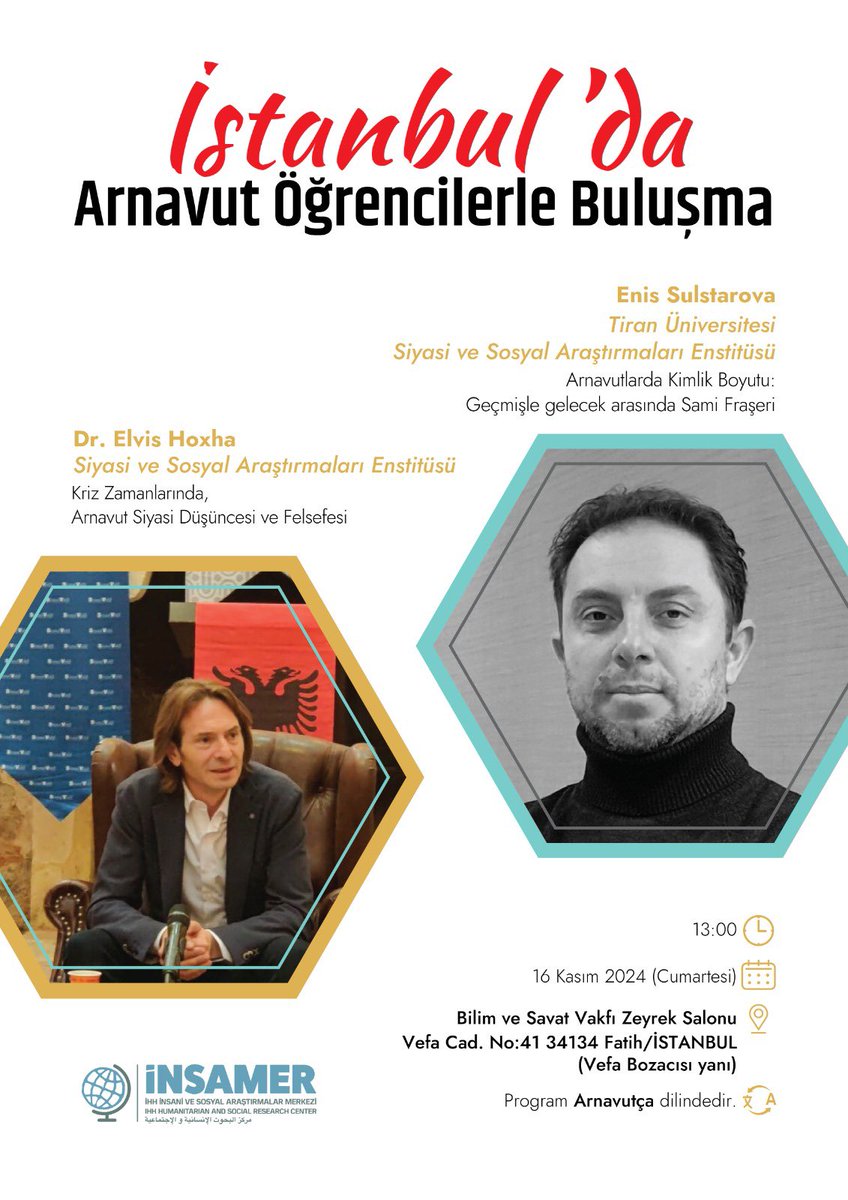 Panele Davet 

Arnavut siyasetinde kimlik arayışları ile ilgili düzenleyeceğimiz panele davetlisiniz.

🗓️Tarih: 16 Kasım 2024 (Cumartesi) 
🕚 Saat: 13:00