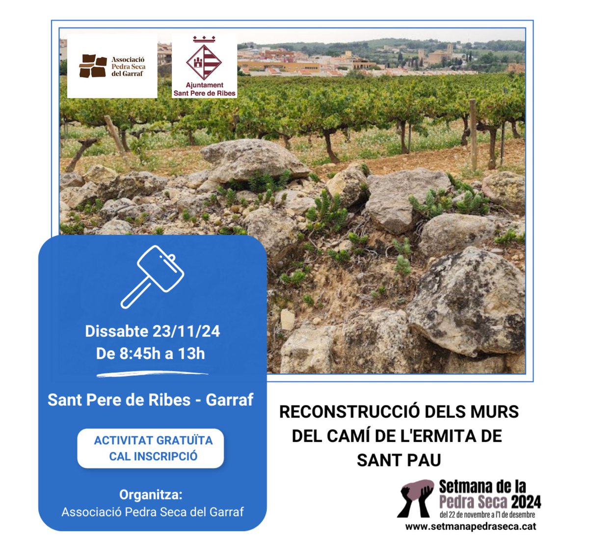 🔨 RECONSTRUCCIÓ DELS MURS DEL CAMÍ DE L'ERMITA DE SANT PAU
Jornada d'aprenentatge i voluntariat.

🗓️ dissabte 23 de novembre
🕣 8.45 h - 13 h
📍 Punt de trobada: Llenyes Ribes (maps.app.goo.gl/LvouriCnrmHVUM…)
Cal inscripció:
📧 apsg@pedrasecagarraf.org

#setmanapedraseca24
#SPRibes
🧵