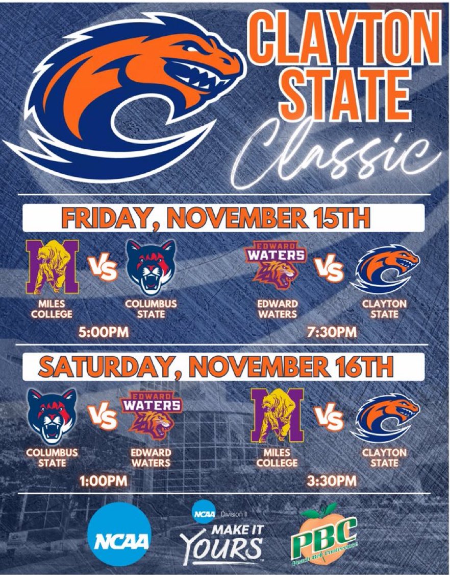 Big weekend ahead.  Atlanta has a lot going on in the basketball world.

Clayton State Classic @ Clayton State University.

Mandrae Allen, David Jones and Todd Corder will be on the 🎙️ both days. 

Catch all the action on the Peach Belt Network.

📺:
pbcsportsnetwork.com/?B=1466298