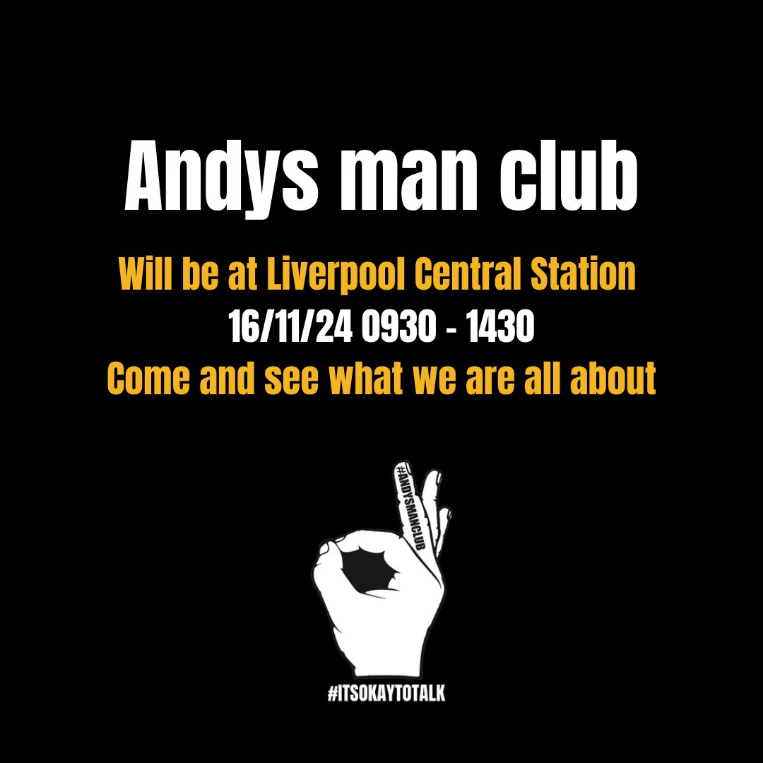 Big thanks to <a href="/merseyrail/">Merseyrail</a> for allowing us a space at Liverpool central this Saturday. Pop along and meet some of our volunteers to find out more about what we do at <a href="/andysmanclubuk/">#ANDYSMANCLUB</a>