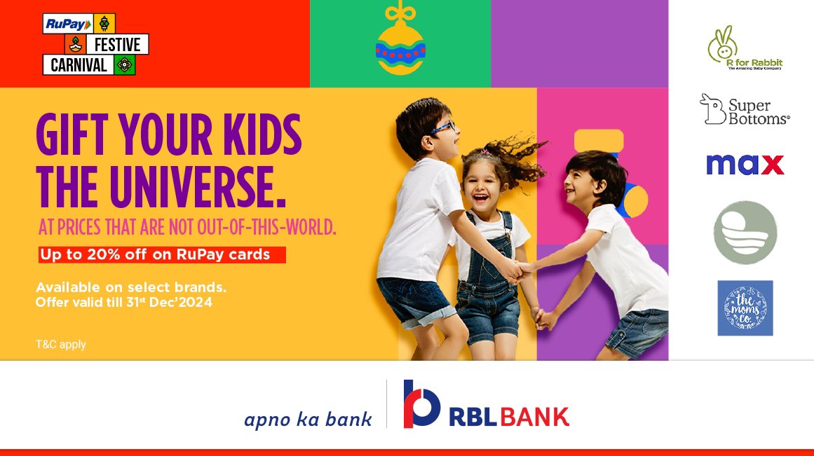 rblbank's tweet photo. Time to check off your kid's wishlist! 🎈 Enjoy exciting deals with RBL Bank RuPay Cards and make their dreams come true!
Know more: https://t.co/pTLMeWgNLy

#Cards
#RuPayCards
#Offers
#Discounts
#ChildrensDay
#ApnoKaBank
#RBLBank https://t.co/Io582qwHzA