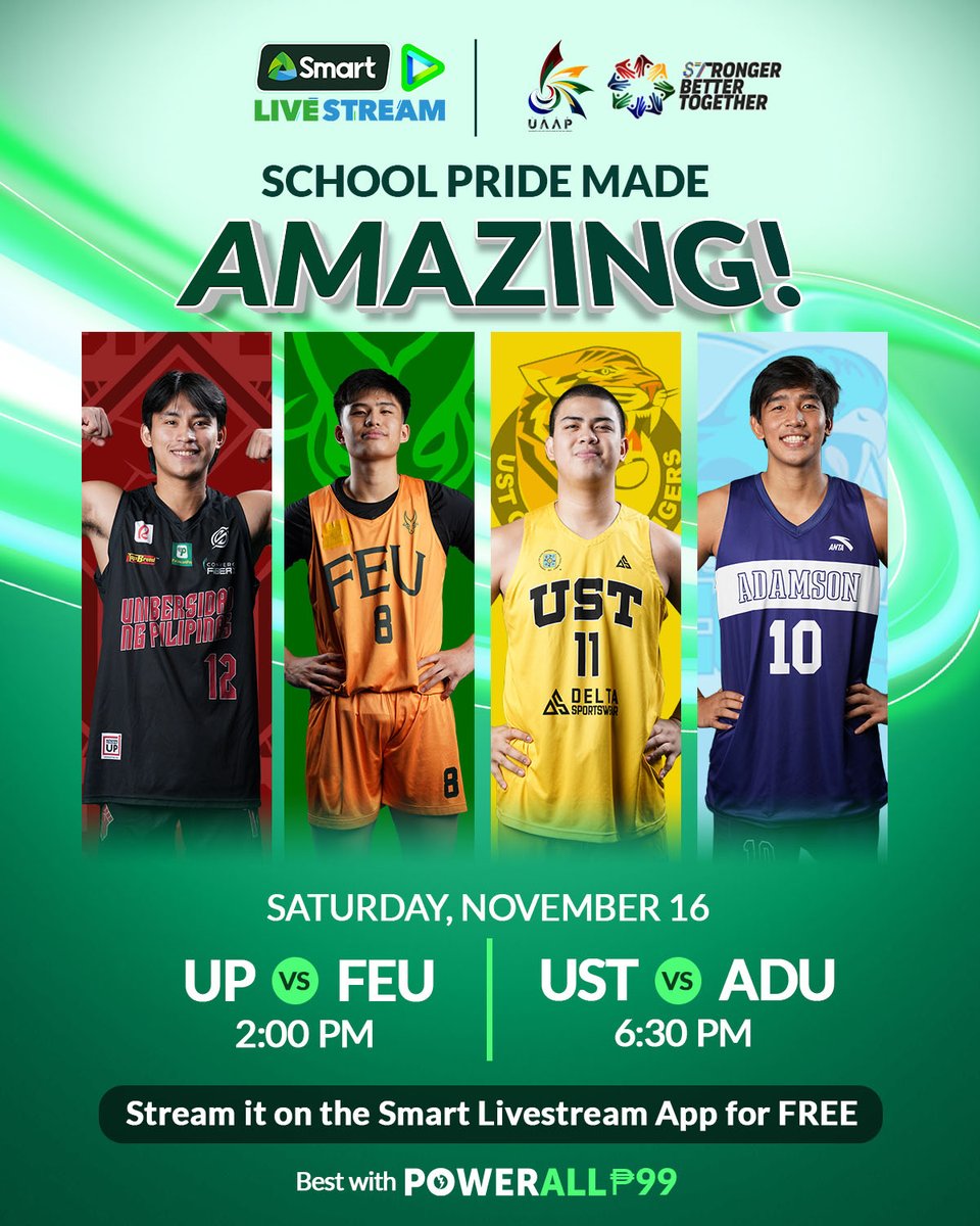 LiveSmart's tweet photo. Nonstop action, pure passion. #SmartUAAP basketball gets intense this Saturday. 💪
Stream #SmartUAAP LIVE with PowerAll 99. Enjoy 10GB data, UNLI TikTok, and UNLI Calls and Texts to watch UAAP live for FREE on the Smart LiveStream App: https://t.co/EtCtvrjW3P https://t.co/pTgOIecsfO