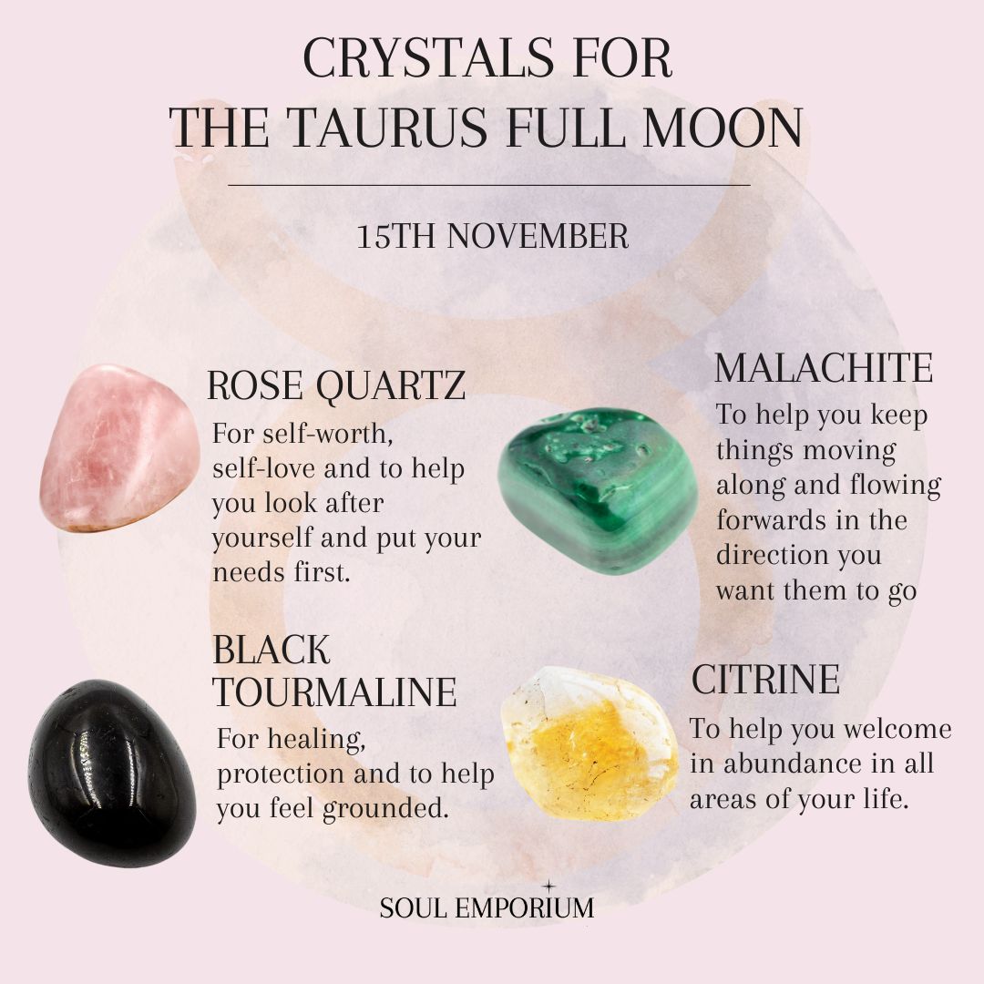 SoulEmporium's tweet image. Happy Taurus Full Moon! ♉️🌕️

Here are our crystal recommendations for this moon: 

🩷Rose Quartz 
💚Malachite
🖤Black Tourmaline 
💛Citrine 

#taurusfullmoon #crytalsfortaurus #rosequartz #malachite #blacktourmaline #citrine #lunarliving #soulemporium