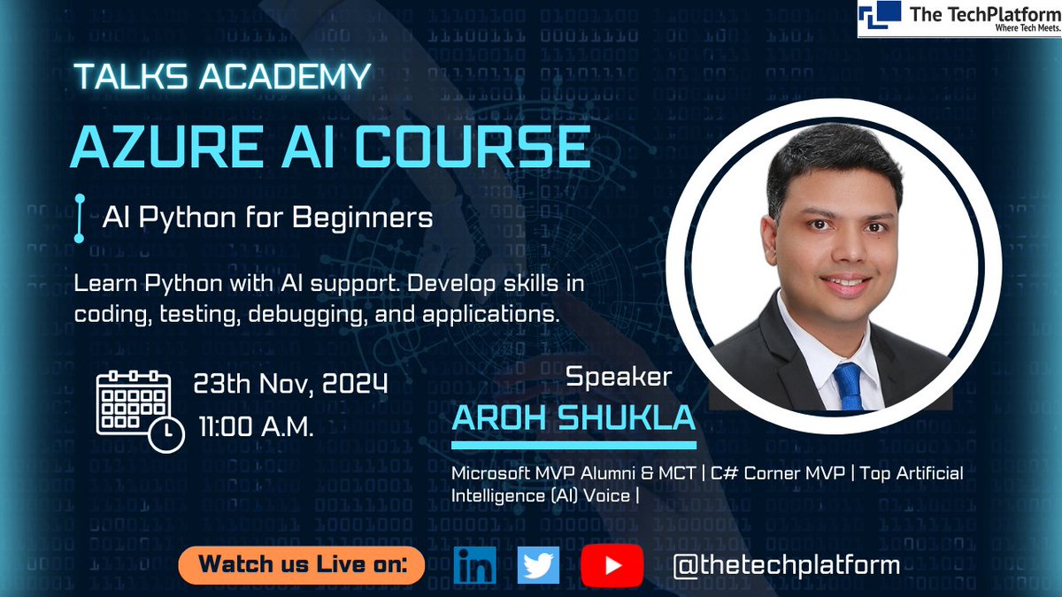TheTechPlatform (@thetechplatform) on Twitter photo Join us at Talks Academy with Aroh Shukla, who will present AI Python for Beginners! 🚀 Perfect for anyone eager to start learning Python with AI support.
<a href="/aaroh_bits/">Aroh Shukla</a>
Watch us Live- youtube.com/live/U51AWdt-7…
#OpenAI #learning #ArtificialInteligence #pythonlearning #Python Join us at Talks Academy with Aroh Shukla, who will present AI Python for Beginners! 🚀 Perfect for anyone eager to start learning Python with AI support.
<a href="/aaroh_bits/">Aroh Shukla</a>
Watch us Live- youtube.com/live/U51AWdt-7…
#OpenAI #learning #ArtificialInteligence #pythonlearning #Python