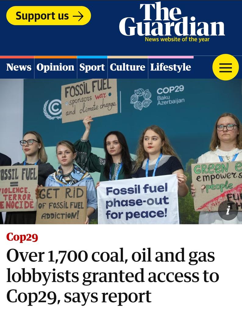 Petro dictator Aliyev's #COP29 show is further exposed. <a href="/guardian/">The Guardian</a> "Fossil fuel-linked lobbyists outnumber delegations of almost every country at climate talks in Baku, analysis finds" #StopGreenwashGenocide  theguardian.com/environment/20…
