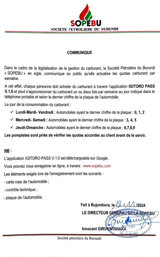 LaNovaBurundi's tweet photo. #Burundi: L'approvisionnement en carburant se fait journalièrement et selon les derniers chiffres des plaques.  
Cepandant, certains propriètaires des automobiles disent que l'application de la @sopebu confonde les plaques des motos et celles des voitures https://t.co/q6GjqaWTwk