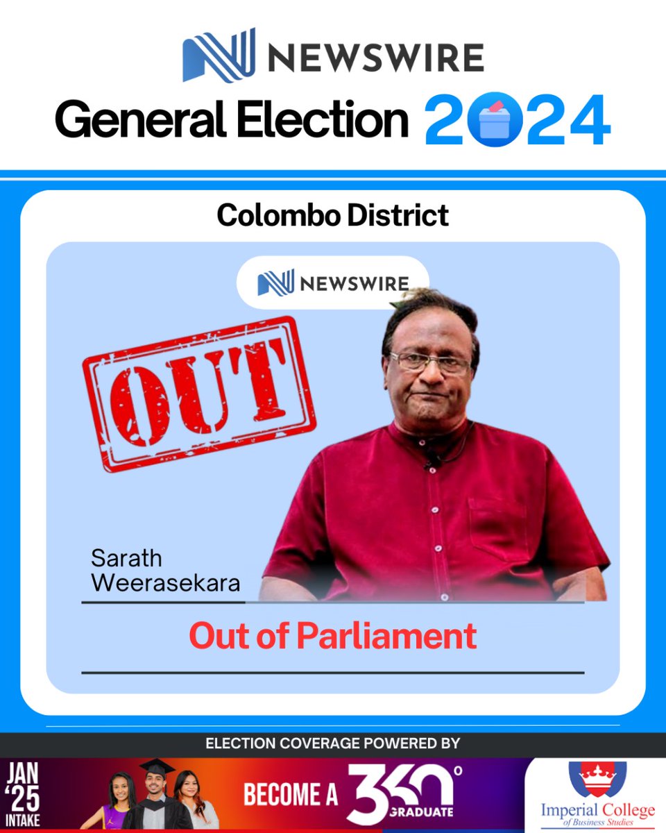 NewsWireLK's tweet photo. Former Minister Sarath Weerasekara defeated in Colombo District. https://t.co/FUG1XHJbQJ