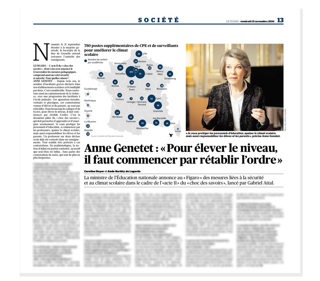 AGenetet's tweet image. 750 postes supplémentaires de CPE et surveillants dans nos écoles pour apaiser le climat scolaire.

Protéger les professeurs, apaiser le climat scolaire, responsabiliser les élèves et les parents : je révèle dans Le Figaro tous les détails du plan tranquillité à l’École ➜…