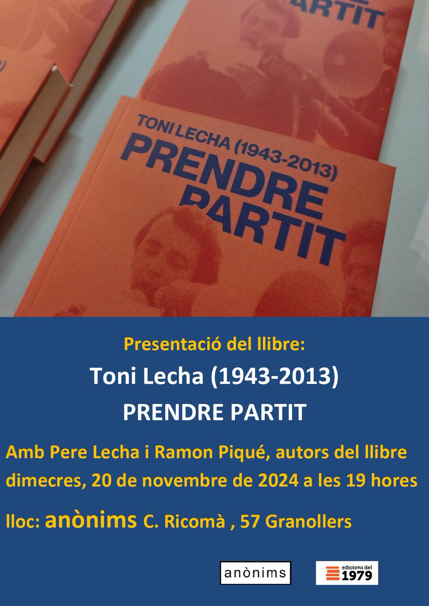 plecha (@plecha71) on Twitter photo Desprès de la presentació d'ahir a Sant Cugat, la setmana vinent, dimecres 20/11 a les 19h, presentem el llibre del #ToniLecha a Anònims de Granollers
<a href="/anonimsgrn/">Restaurant Anònims</a> <a href="/cupnacional/">CUP Països Catalans</a> <a href="/CUPGranollers/">CUP Granollers</a> <a href="/edicionsdel1979/">Edicions del 1979</a> <a href="/rpiqueh/">Ramon Piqué</a> Desprès de la presentació d'ahir a Sant Cugat, la setmana vinent, dimecres 20/11 a les 19h, presentem el llibre del #ToniLecha a Anònims de Granollers
<a href="/anonimsgrn/">Restaurant Anònims</a> <a href="/cupnacional/">CUP Països Catalans</a> <a href="/CUPGranollers/">CUP Granollers</a> <a href="/edicionsdel1979/">Edicions del 1979</a> <a href="/rpiqueh/">Ramon Piqué</a>