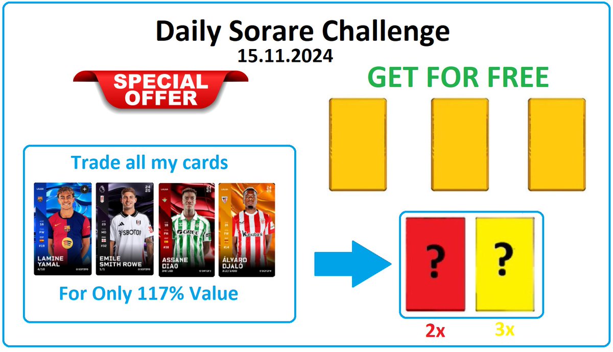 Daily <a href="/Sorare/">Sorare</a>  Challenge Starts Now 15.11.2024 👀
1⃣ Swap ALL my CARDS for 117% of Your cards value! 🔥
2⃣ 2 Rare and 3 Limited Champion Cards for 5 people who make at least one transaction with me within 24 hours! 😎
3⃣🆓3x Limited cards for 3 random people - just write Your