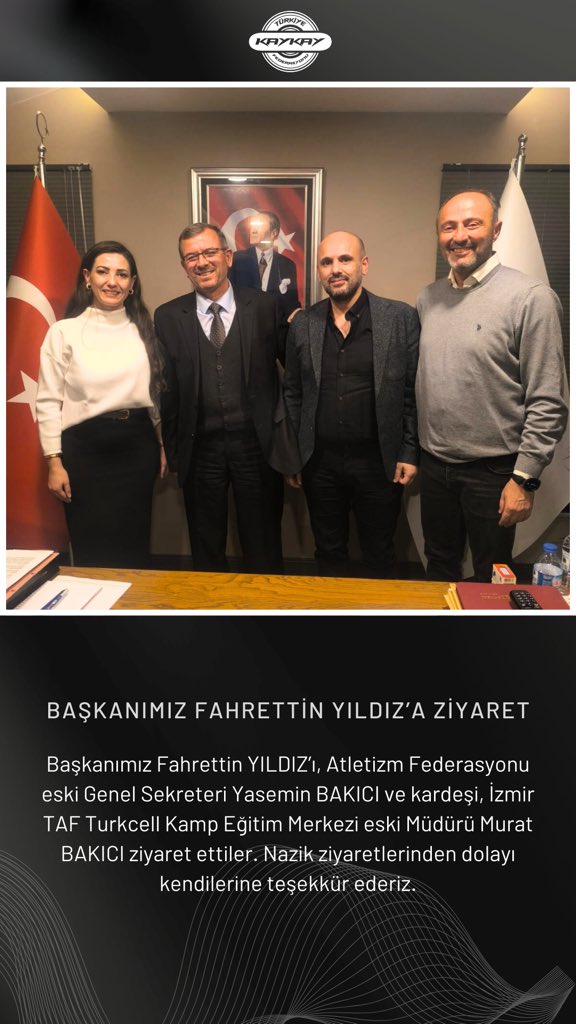 kaykayfed's tweet photo. Başkanımız Fahrettin YILDIZ’ı, Atletizm Federasyonu eski Genel Sekreteri Yasemin BAKICI ve kardeşi, İzmir TAF Turkcell Kamp Eğitim Merkezi eski Müdürü Murat BAKICI ziyaret ettiler. Nazik ziyaretlerinden dolayı kendilerine teşekkür ederiz. https://t.co/cbSgCIf0Yt