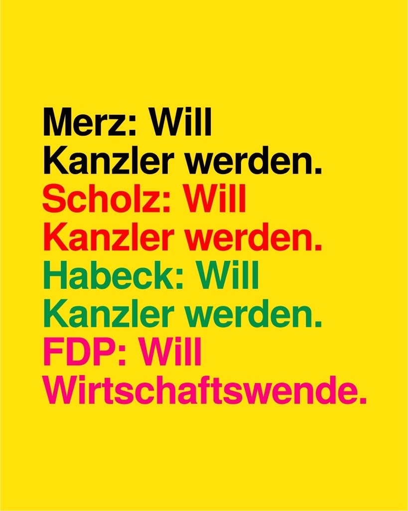 #CDU. #SPD und #Grüne denken ans Amt - die #FDP an #Deutschland. Darum am 23.02.2025 FDP wählen. Für die #Wirtschaftswende und einen verfassungskonformen Haushalt. Wir wollen Menschen und Betriebe entlasten, um das Land wieder wettbewerbsfähig zu machen. #Neuwahl