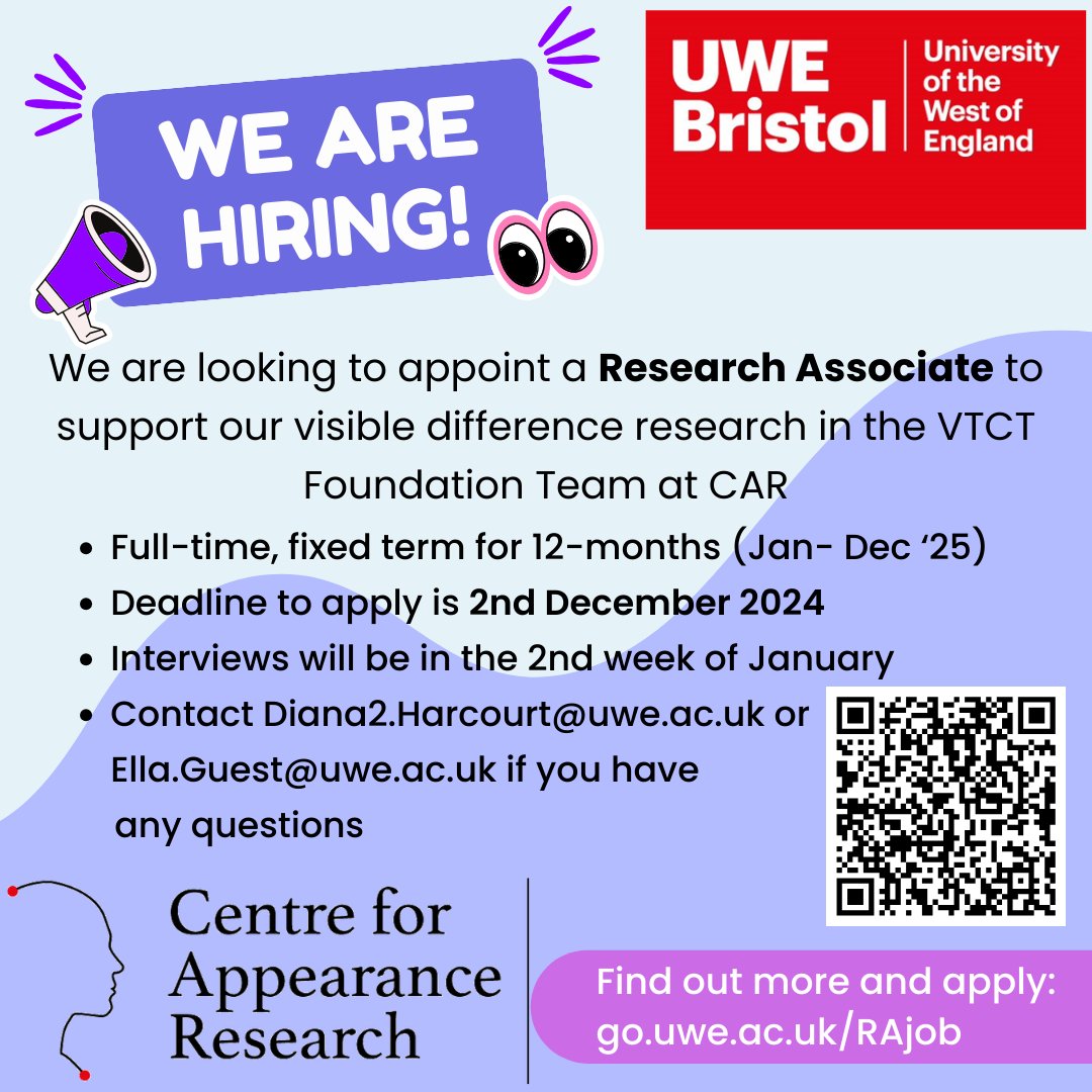 CAR_UWE's tweet photo. CAR is looking for a Research Associate (full-time 12 months) to support our research in the VTCT Foundation Team.
To find out more and apply, go to https://t.co/NzwYZ9UAxM.
The deadline to apply is 2nd December.
If you have any questions, please contact Diana2.Harcourt@uwe.ac.uk https://t.co/iNRwHxdlsJ