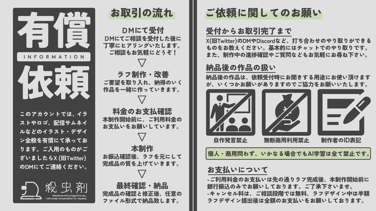 Insecticide_11's tweet photo. \\有償依頼料金表//

▧ ▦ ▤ ▥ ▧ ▦ ▤ ▥ ▧ ▦ ▤ ▥ 
■イラスト(なんでも描けます！)
■サムネイル
■ロゴ
■配信素材
etc……
▧ ▦ ▤ ▥ ▧ ▦ ▤ ▥ ▧ ▦ ▤ ▥ 

細かいヒアリングでご要望に合わせてお作りいたします✏️
(臨機応変に対応可能です！)

✉️ご相談はDMから✉️

#有償依頼 https://t.co/BJ1bBj4QSP