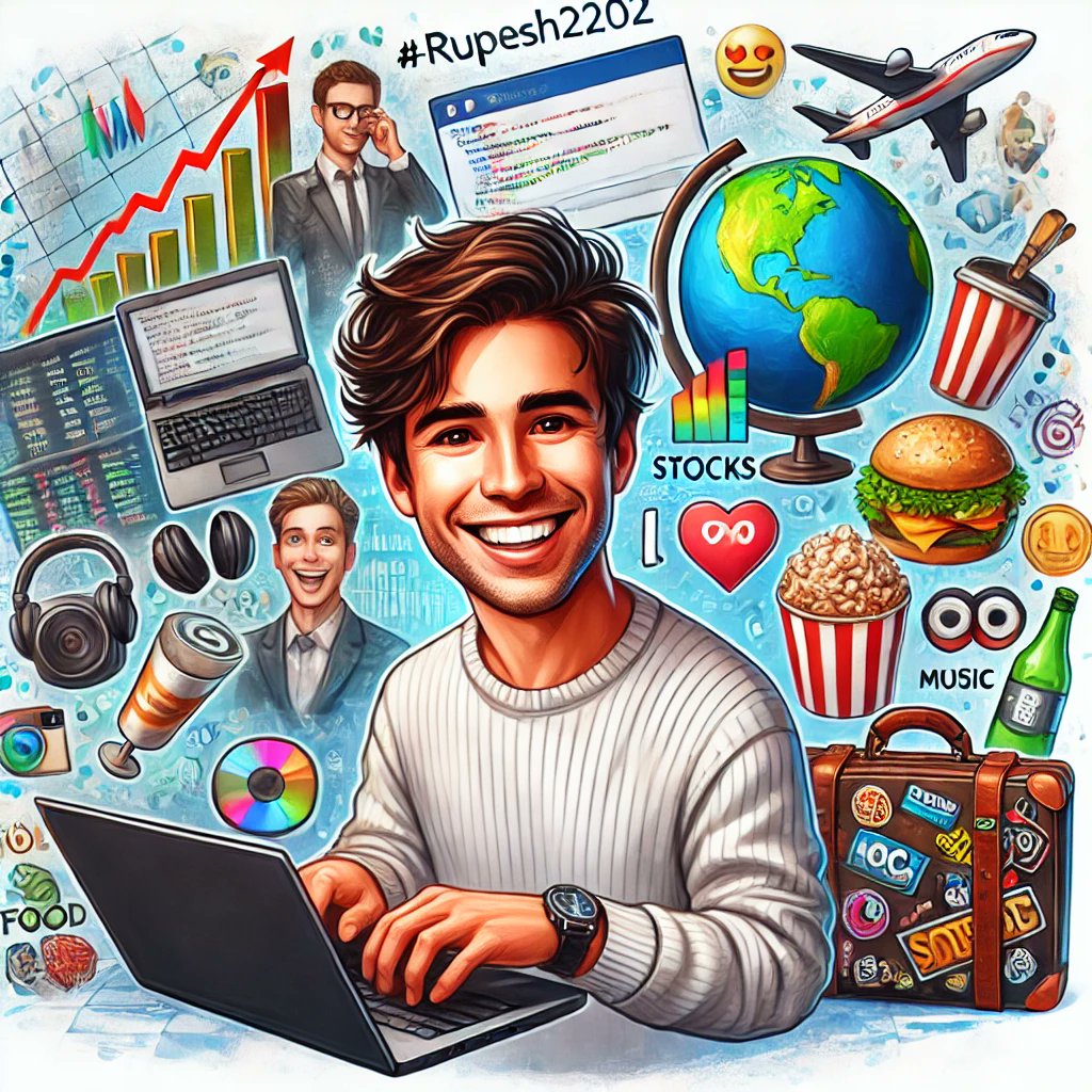 BhuvanaGroup's tweet photo. @Rupesh2202 @LoyalYashFan @riddle_sphere Here’s the vibe! 🎉💻 From coding and stocks to world travel, food, and music, @Rupesh2202 is all about mixing passion with adventure. Embrace life’s journey with tech, tunes, and treats! 🌍🍔🎶 #LifeOfARupesh #TechAndTravel #LivingTheDream https://t.co/EvTKhrycoB
