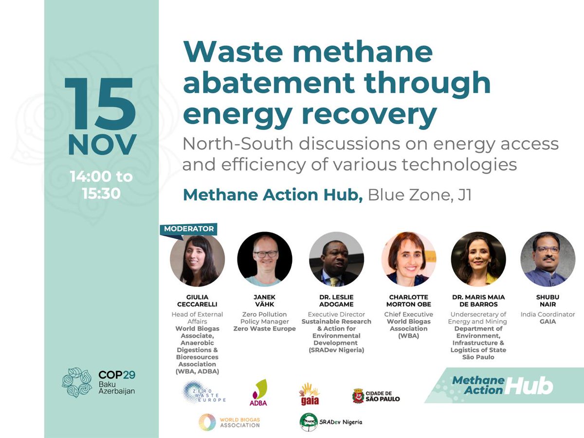 Happening today at the Methane Action Hub Pavilion, 14:00 - 15:30 Baku time

📣Waste methane abatement through energy recovery: North-South discussions on energy access and efficiency of various technologies

#ClimateFinanceForMethaneReduction #FromHarmfulToImpactful #COP29