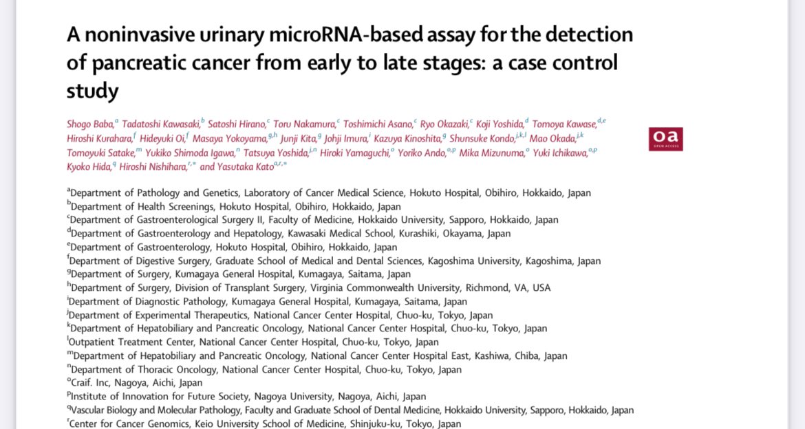 🧬Urinary extracellular vesicle miRNAs to detect pancreatic cancer
<a href="/eClinicalMed/">eClinicalMedicine – The Lancet Discovery Science</a> 

✅Sensitivity (training and test sets)
All: 93.9% and 77.8%
Stage I/IIA: 97% and 77.8%
✅Outperformed ca19-9

⁉️A noninvasive urinary assay

👉doi.org/10.1016/j.ecli…

<a href="/TheLancetOncol/">The Lancet Oncology</a> <a href="/TheLancet/">The Lancet</a>