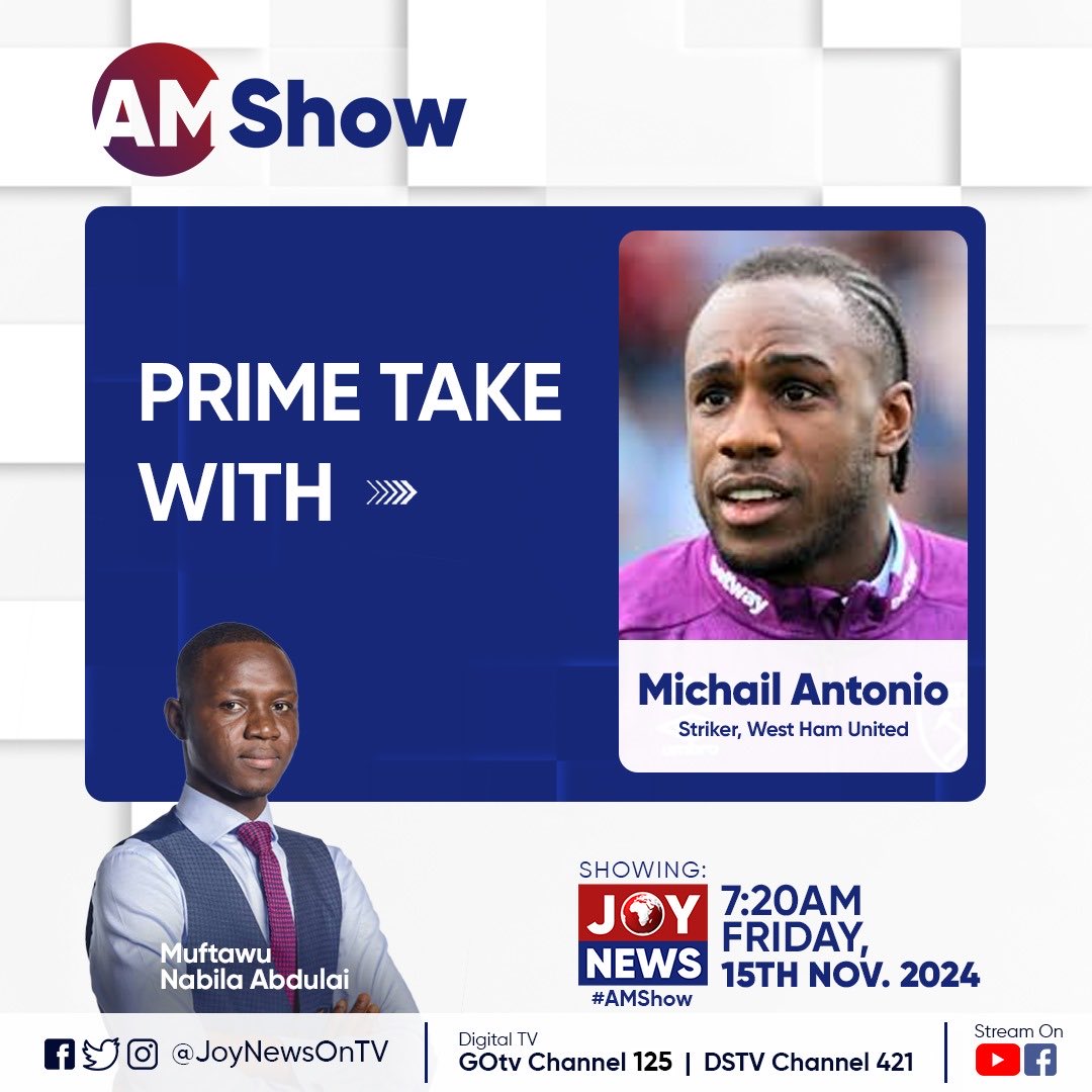JoySportsGH's tweet photo. Tune in to @JoyNewsOnTV now for Michail Antonio’s conversation with @Muftawu_Nabila on #PrimeTake.
#JoySports https://t.co/GwqZ51g3xV