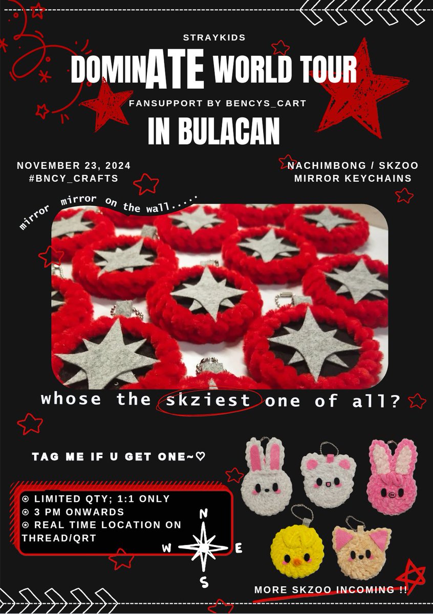 Straykids dominATE in Bulacan fansupport by <a href="/bencys_cart/">༶</a> 🚨

•`ⁿᵃᶜʰⁱᵐᵇᵒⁿᵍ^ˢᵏᶻᵒᵒ ᵐⁱʳʳᵒʳ ᵏᵉʸᶜʰᵃⁱⁿˢ´•

🧭 come find me and say hi ♡ stays! see you ~ ( 。◝‿◜。)

rt event: 1 winner of nachim, claim at SMLM fan gathering~

#dominATE_BULACAN #bncy_crafts