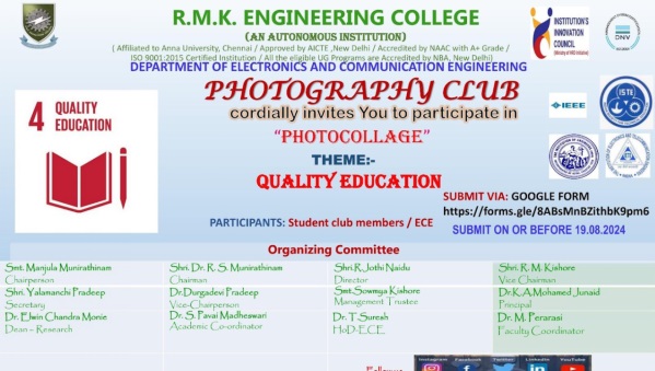 EceRmkec's tweet photo. *Photography Club*
The ECE Department Photography Club organized an event for II, III &amp; IV year photography club student members and for non-members too. 
Event Name: Photo collage
Date of Event: 19.08.2024
Congratulations to the Winners!! https://t.co/M4L4isRv7a