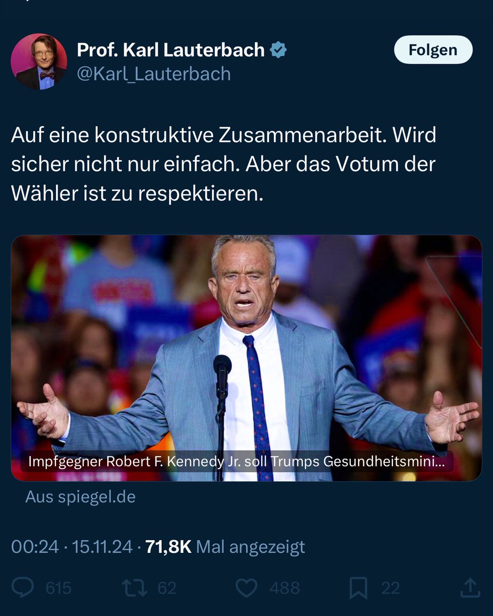 DrPuerner's tweet image. Nun ja. @RobertKennedyJr wird kommen und Karl Lauterbach gehen.  Ein Segen für das Gesundheitssystem in Deutschland.