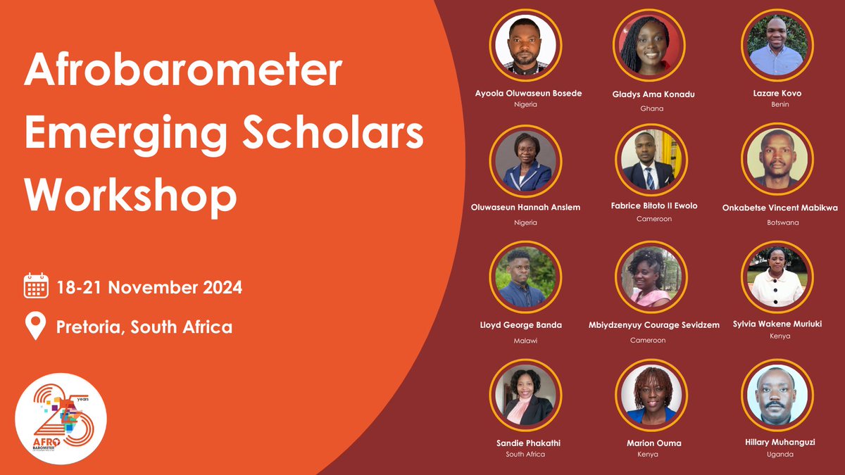 Proud to host our inaugural Emerging Scholars Workshop, bringing together talented early-career researchers, experienced academic mentors, and Afrobarometer staff to strengthen analytical capacity across Africa. 

Stay tuned for updates!

#EmergingScholars #TeachingAfrobarometer