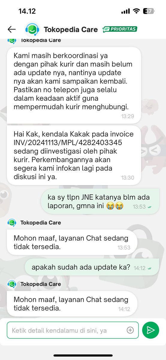 lalilulelay's tweet photo. @TokopediaCare @jntexpressid tolong respon laporan saya atas paket TJLC3D2LEPG47J0P

Saya laporan dari jam 9 pagi sampe skrng belum ada update apa apa https://t.co/CE3VI9iQSk