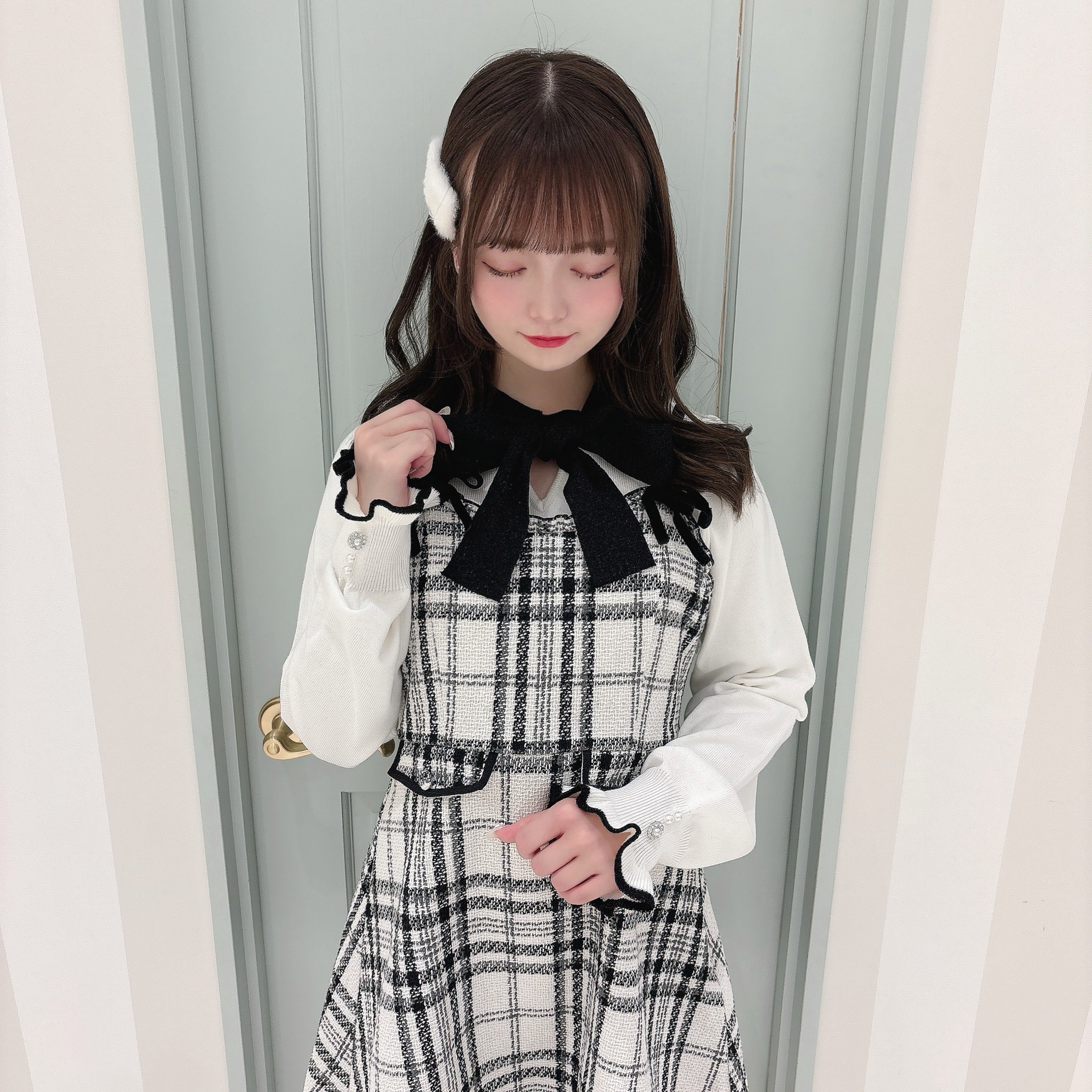 evelyn リボンチェックミニOP evelyn エブリン チェックリボンニットOP