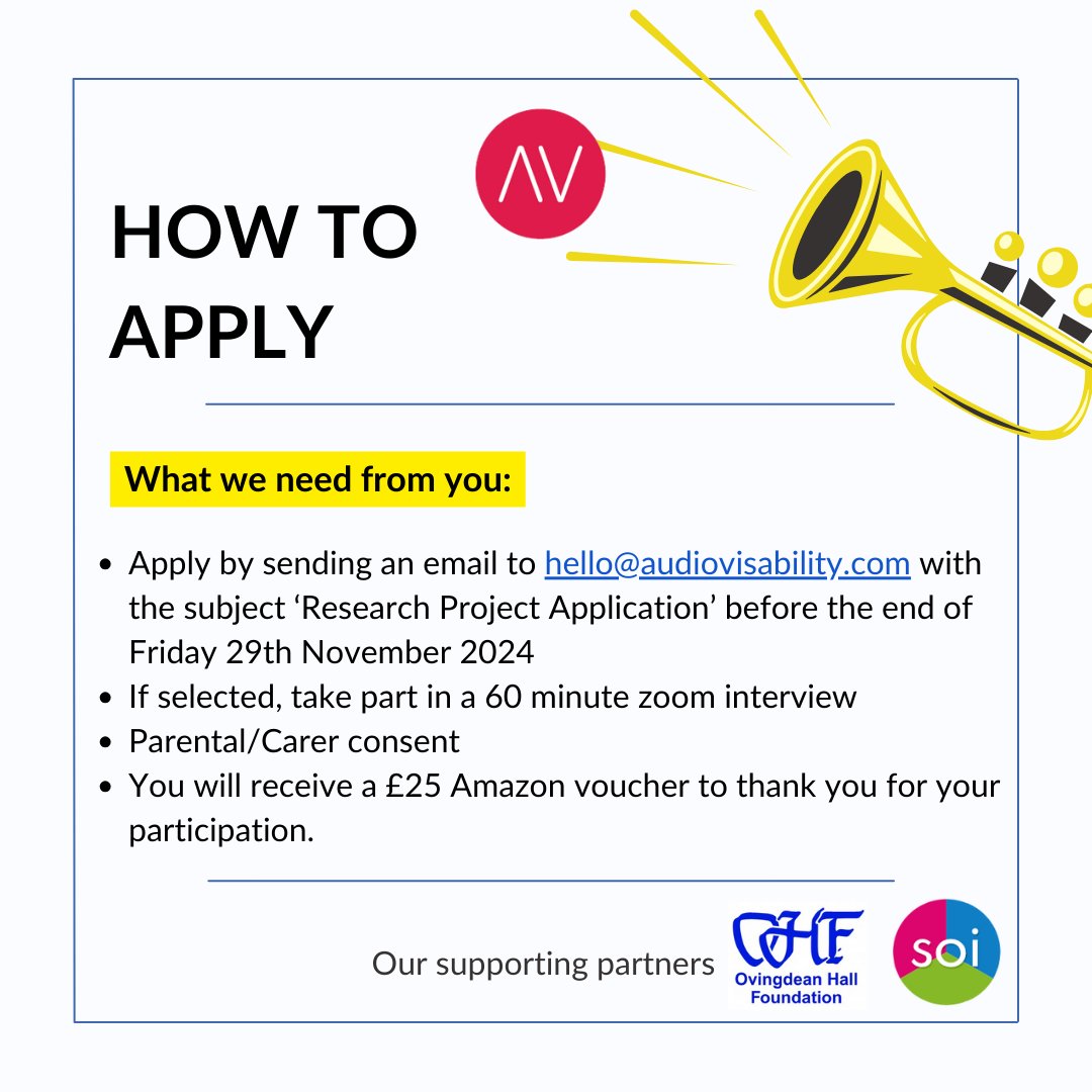 Audiovisability is looking for young musicians to take part in our research project to help us understand what music education is like for young deaf people. 
Are you: 
Aged 11 - 18?
Based in Essex/Kent/East London?
Play an acoustic instrument? 
Contact: hello@audiovisability.com