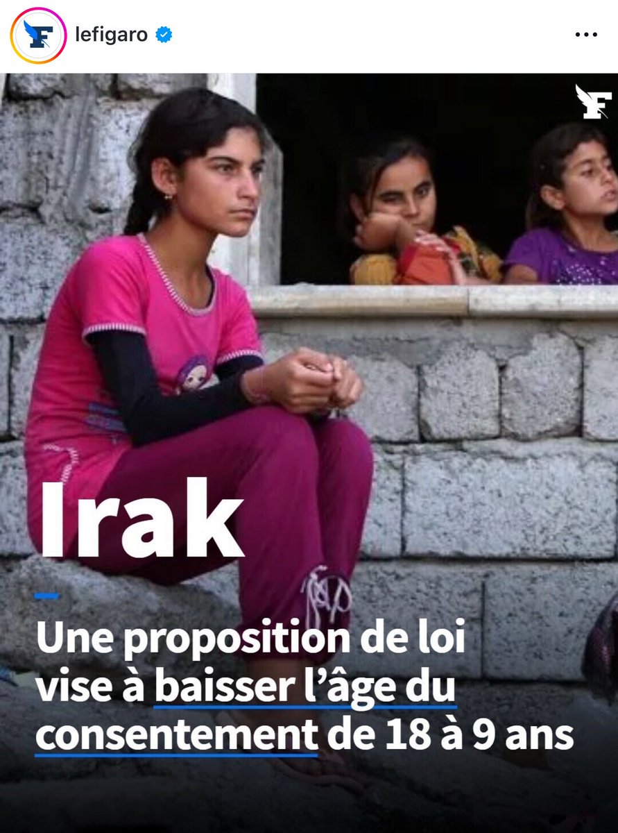 Hartbrekend. In Irak is een nieuwe wet voorgesteld die bepaalt dat meisjes vanaf 9 jaar als seksueel meerderjarig worden beschouwd. Dit zou mannen de mogelijkheid geven legaal te trouwen met zeer jonge meisjes. Ik walg hiervan. Hoewel dergelijke praktijken altijd al zijn