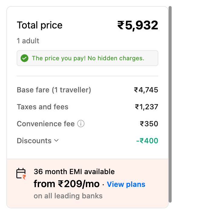 TaruUppal's tweet photo. @Cleartrip So, does your "convenience fee" change based on the coupon code I use to try and save some money?

Same flight, same time, different charges- talk about fraud! https://t.co/vVRxwBDhYW