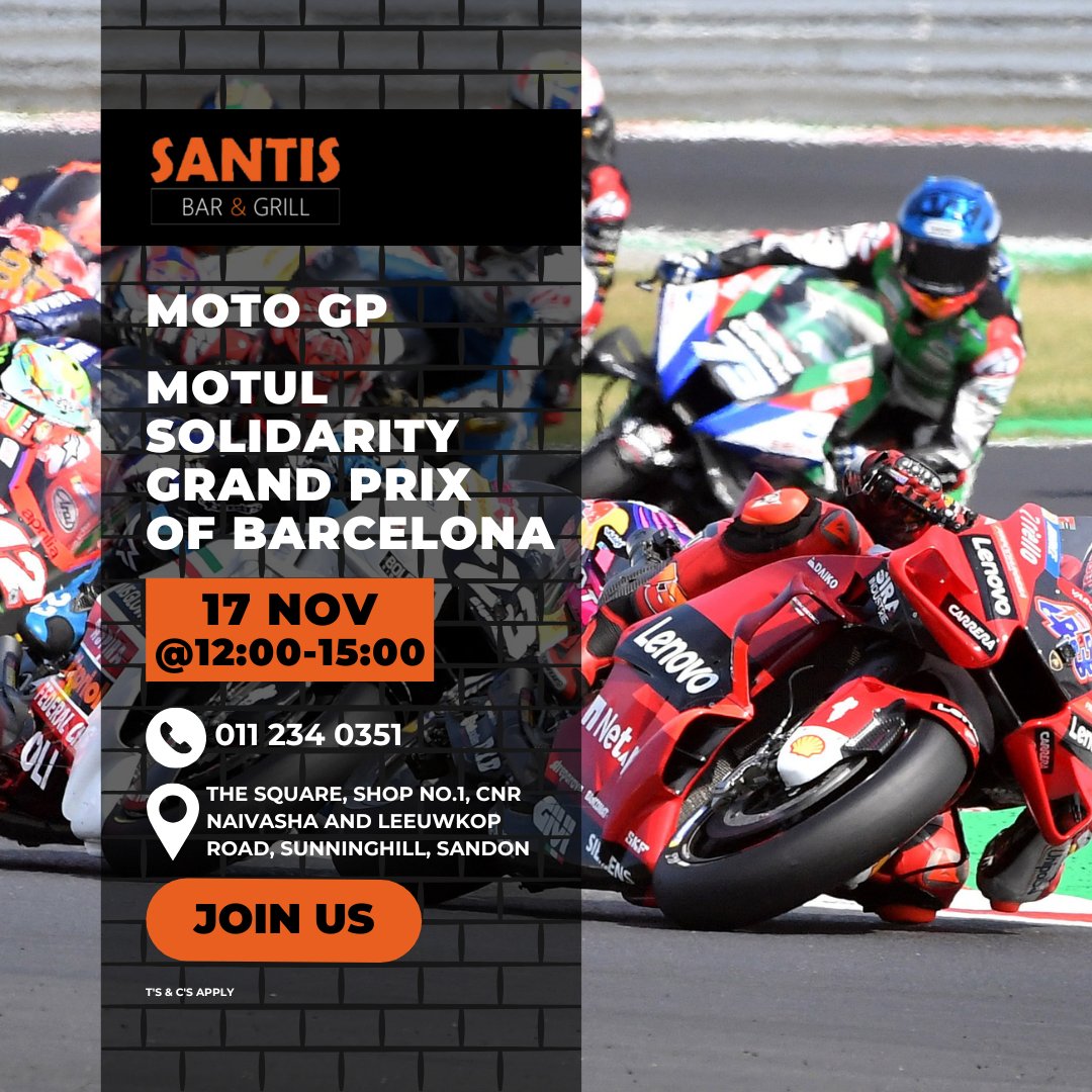 CreativeAxisArc's tweet image. 🏍️Full Throttle in Barcelona: Moto GP Action!
Rev your engines for the Motul Solidarity Grand Prix!
Catch the Barcelona race live at Santis on 17 Nov from 12:00 - 15:00.
Fuel up on great food and cheer with fellow fans! 🏍️🏆
#SantisBarAndGrill #webchanges #santiswebchanges