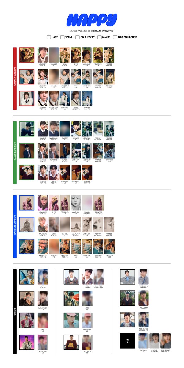 BTS JIN SEOKJIN SOLO ALBUM PC WISHLIST TEMPLATE ✨

⭐️ HAPPY Outfit Analysis / By Concepts Template

[UPDATED]
+ Revealed regular album PCs
+ Revealed JPFC POBs
+ Previews for WVG Additional PCs, Special Stage Offline PCs

(Making a new standalone post because I can't seem to