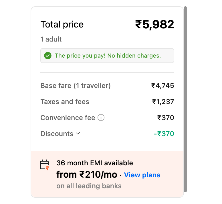 TaruUppal's tweet photo. @Cleartrip So, does your "convenience fee" change based on the coupon code I use to try and save some money?

Same flight, same time, different charges- talk about fraud! https://t.co/vVRxwBDhYW