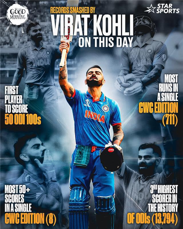 StarSportsIndia's tweet image. 📷 #OnThisDay: Virat Kohli’s Record-Breaking Performance in ICC Men’s ODI World Cup 2023, he became the 1st player in history to score 50 ODI centuries 📷📷
#ViratKohli #CWC2023 #Cricket