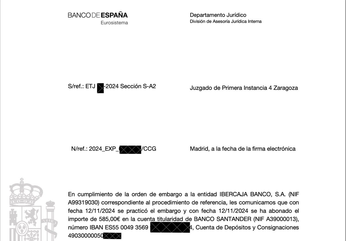 Le ganas un juicio a <a href="/ibercaja/">Ibercaja</a> , no paga la cantidad a la que es condenada. Ejecutas, y tampoco. Al final tienes que pedir embargo al Banco de España. <a href="/ibercaja/">Ibercaja</a> , el banco del Vamos