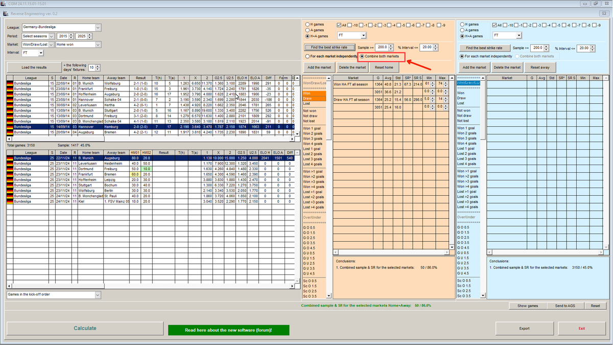 Cgmbet's tweet photo. Another essential addition in RE. 

As you know, the best strike rate for a minimum sample for each market can be calculated automatically.I added the option to go even further. 
If you have selected 2 markets, it can scan "around" the best values for each market to find an even better-combined strike rate and sample.   
Of course, there is a cost—it is time-consuming, and the strike rate and sample for each individual market are worse, but after all, we want the best strike rate and sample.
I recommend to verify the yield in AGS  (click the SHOW button then SEND AGS button)